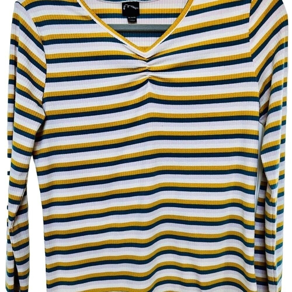 Art Class Girls XL 14/16 Yellow Navy Blue Striped Ruched V-Neck Ribbed Top